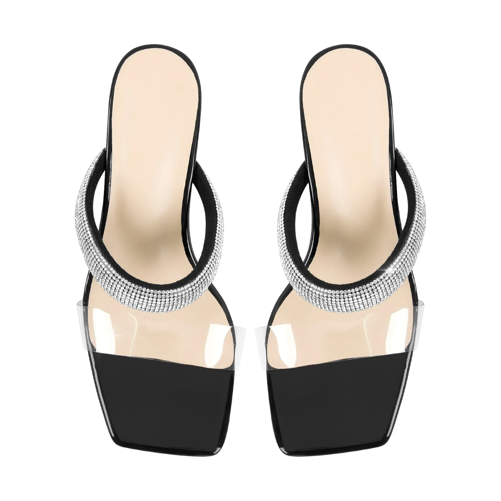 Mid Block Heel Diamante Slides - Clear Sandals