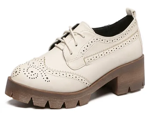 Cream Baroque Lace Up Cleated Heels Oxfords