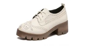 Cream Baroque Lace Up Cleated Heels Oxfords