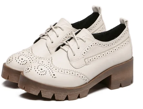 Cream Baroque Lace Up Cleated Heels Oxfords