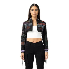 Cropped Varsity Embroidered Jacket - Black