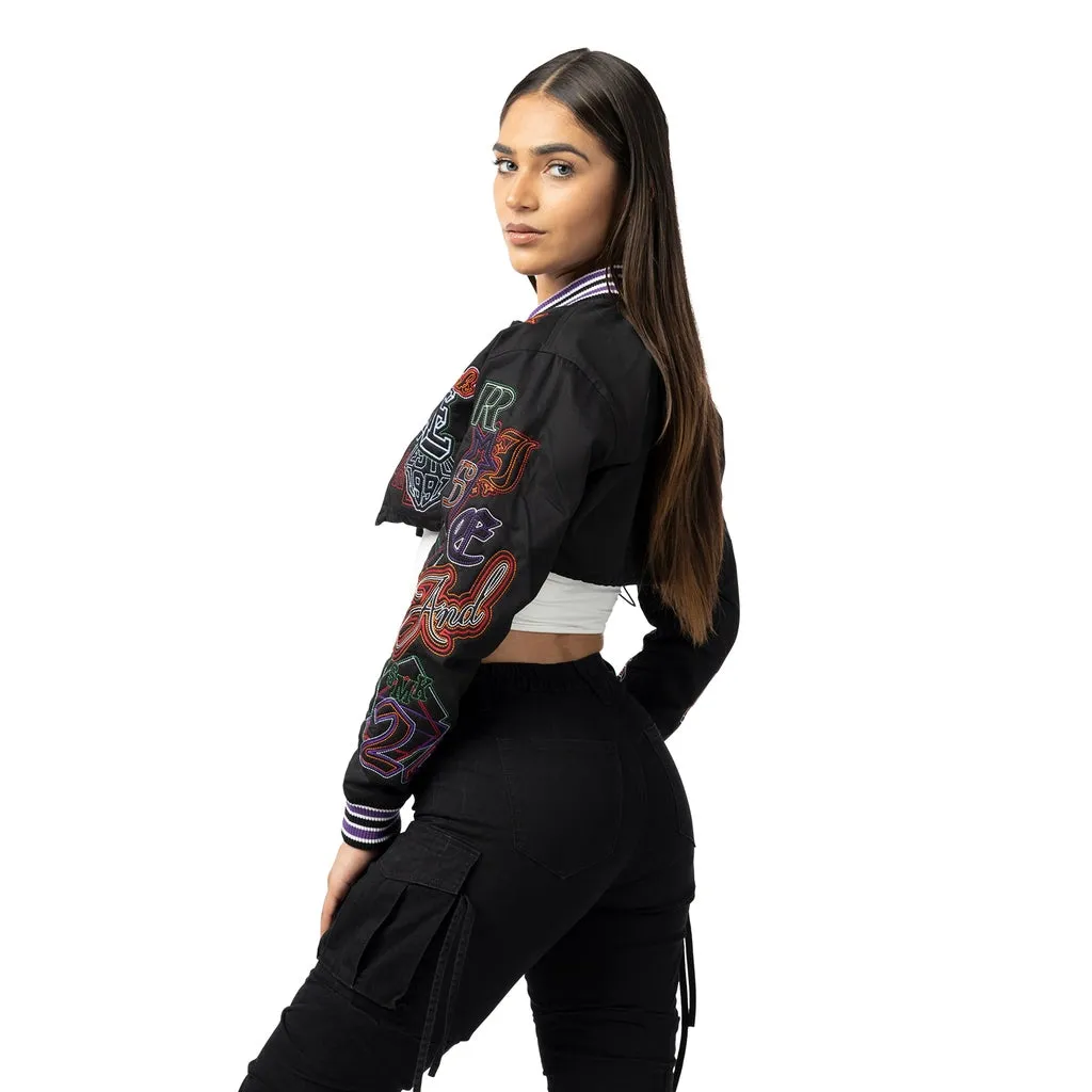 Cropped Varsity Embroidered Jacket - Black