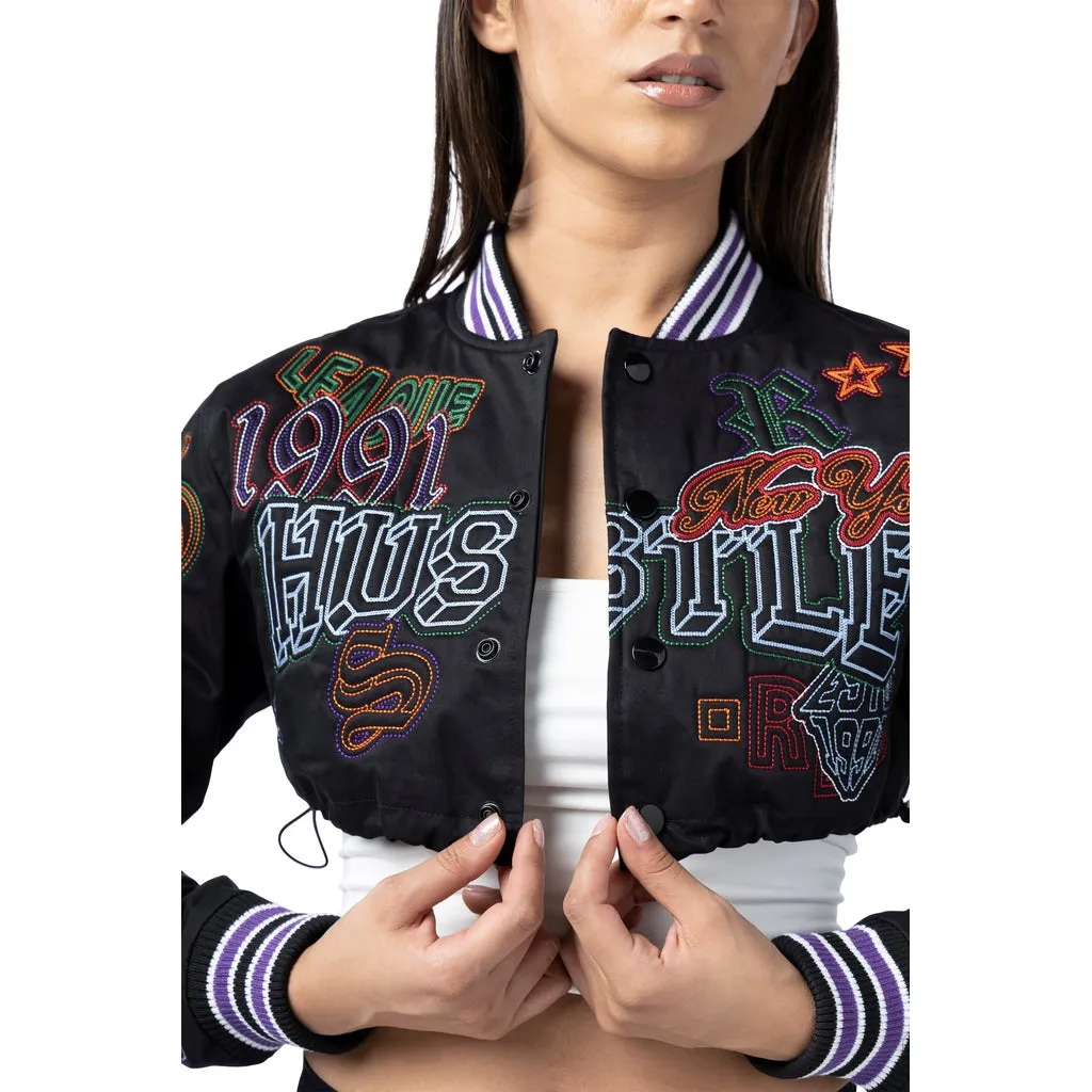 Cropped Varsity Embroidered Jacket - Black