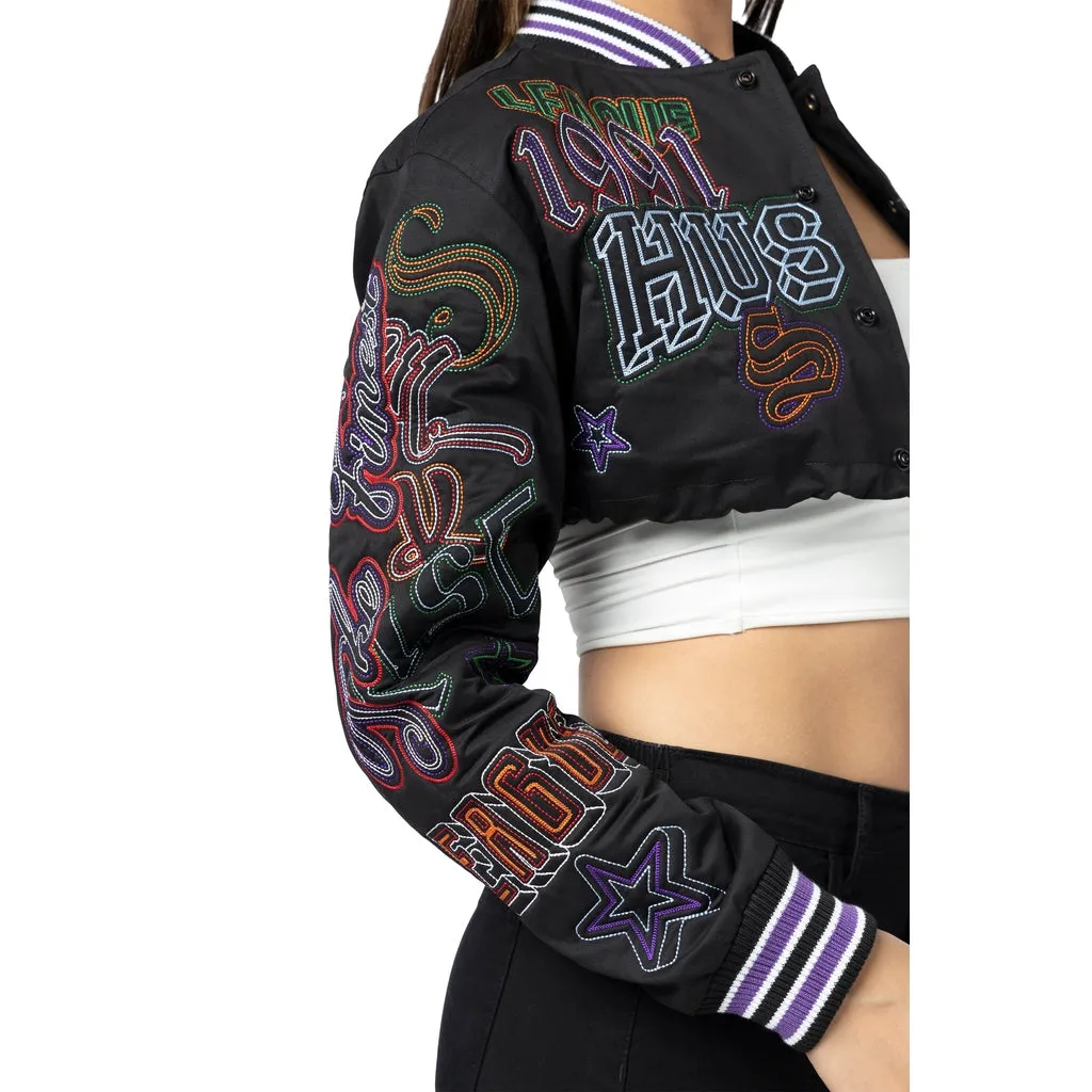 Cropped Varsity Embroidered Jacket - Black