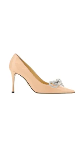 Crystal Double Bow Patent Leather Pumps - Nude