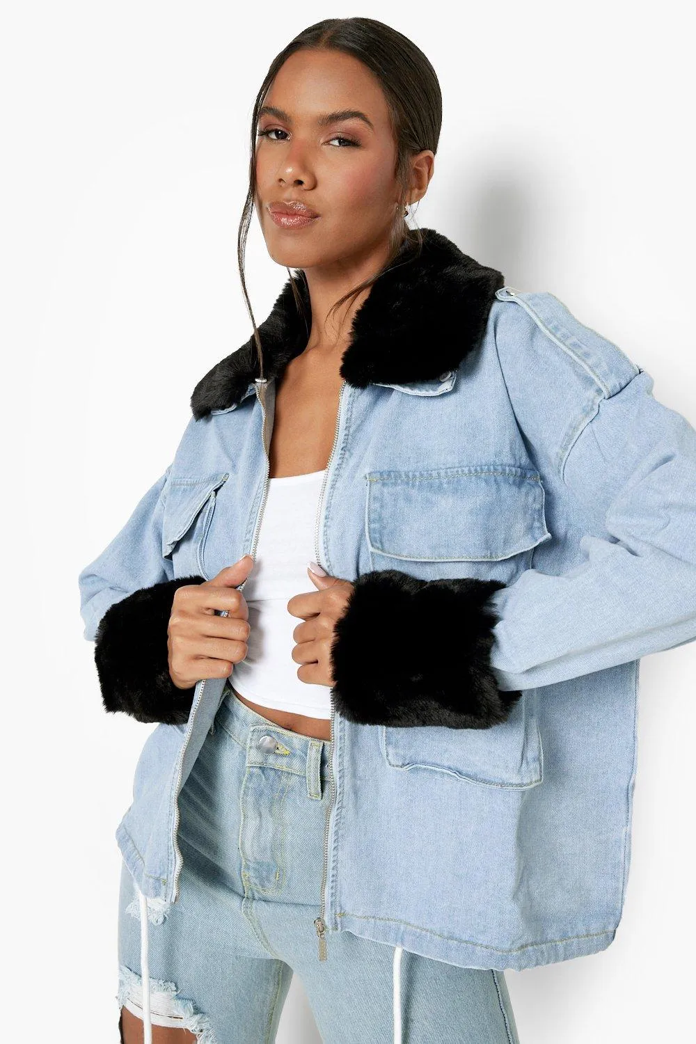 Detachable Faux Fur Trim Denim Jacket