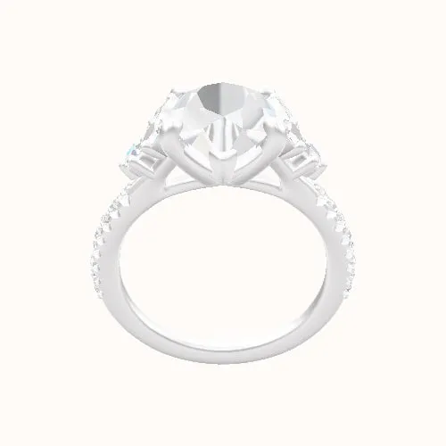 Diamond Band with Marquise & Round Diamond Sidestones Engagement Ring With Low Set Four Prong Head