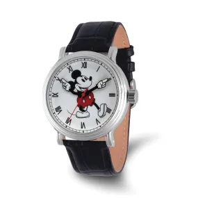 Disney Mickey Mouse Watch Black Leather Band with Moving Arms 44mm