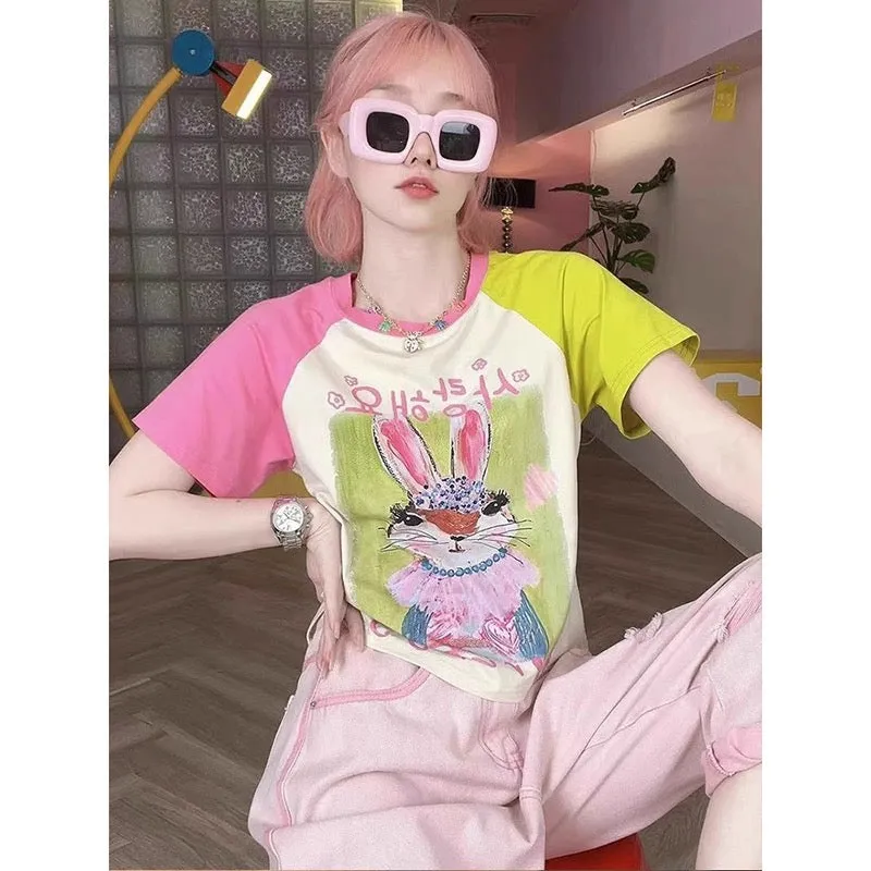 Dopamine wear contrast color rabbit raglan sleeve short-sleeved T-shirt female summer pure cotton hot girl slim high waist short