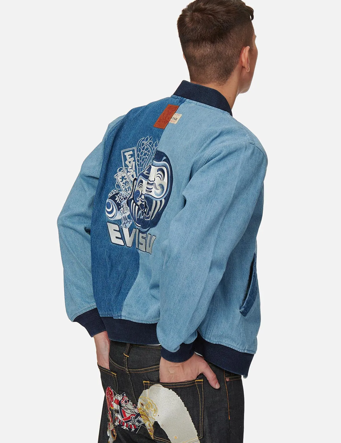 Double-face Daruma Appliqué Two-tone Denim Bomber Jacket