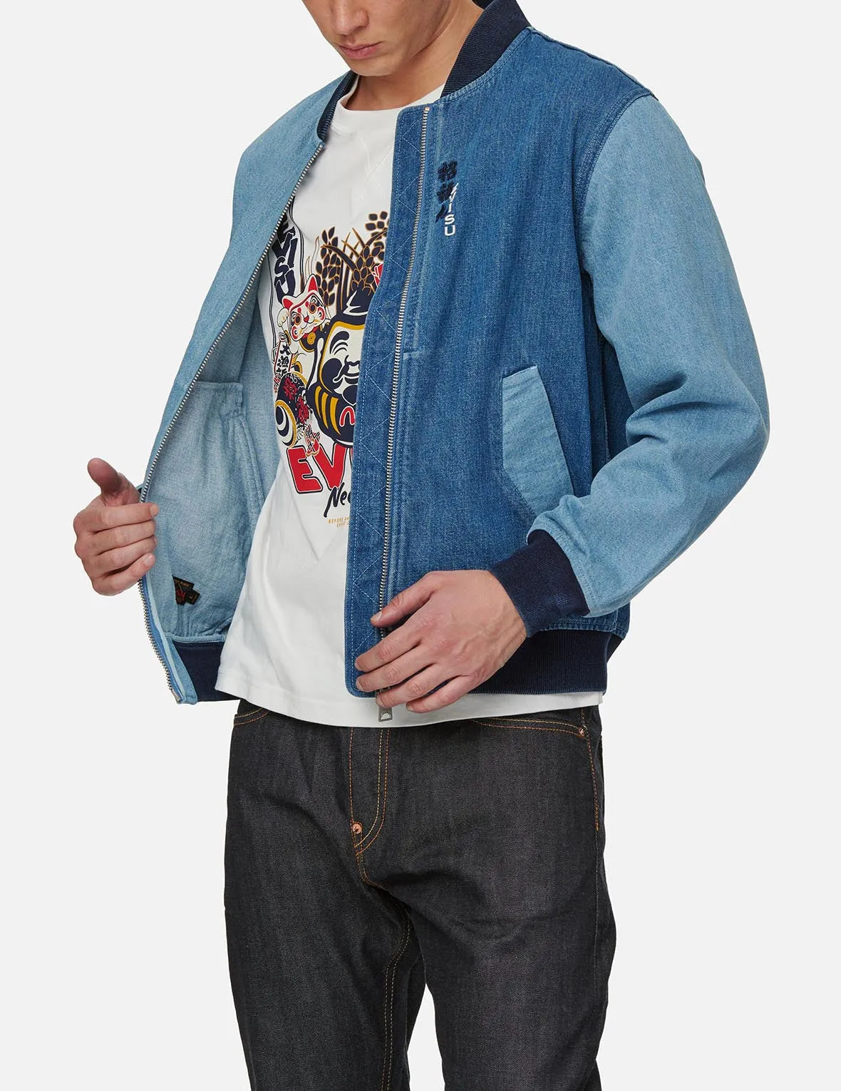 Double-face Daruma Appliqué Two-tone Denim Bomber Jacket