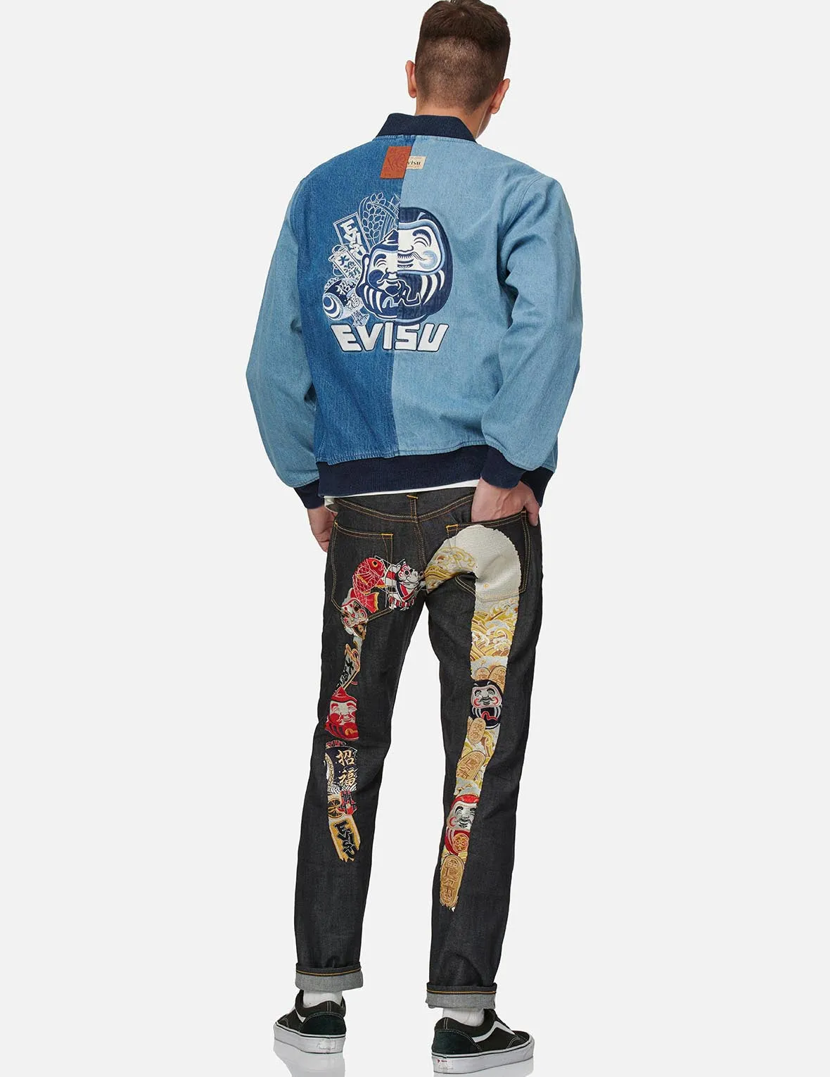 Double-face Daruma Appliqué Two-tone Denim Bomber Jacket