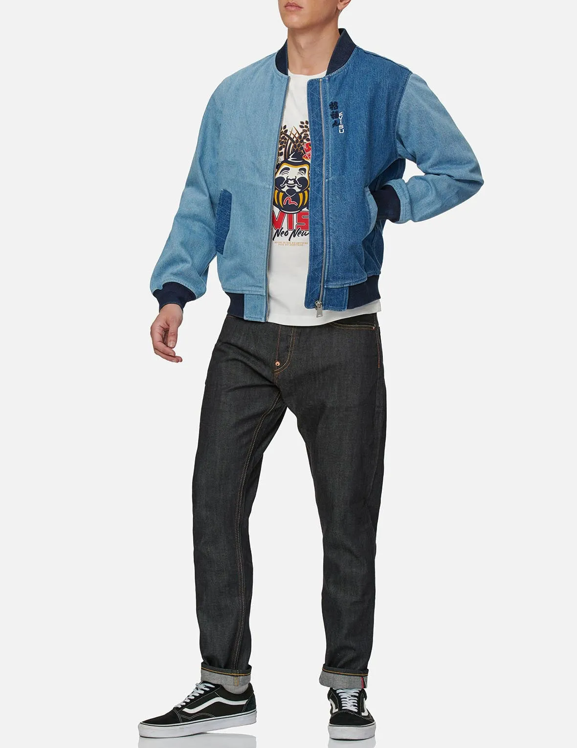 Double-face Daruma Appliqué Two-tone Denim Bomber Jacket