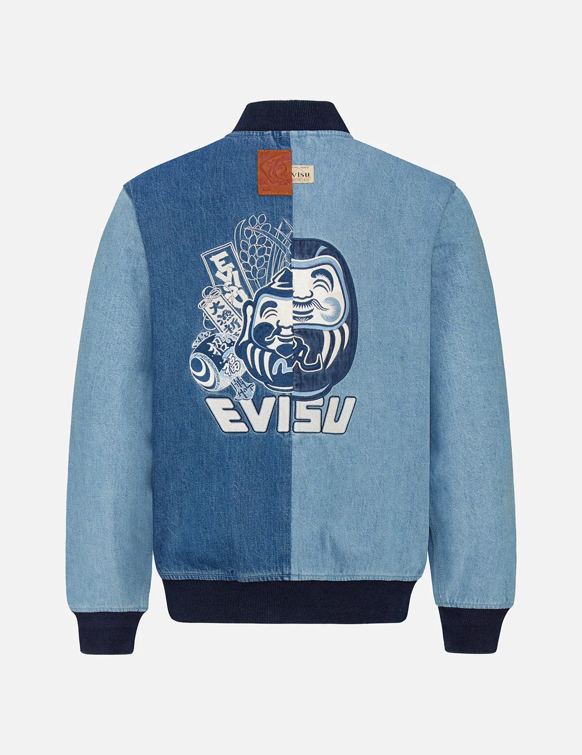 Double-face Daruma Appliqué Two-tone Denim Bomber Jacket