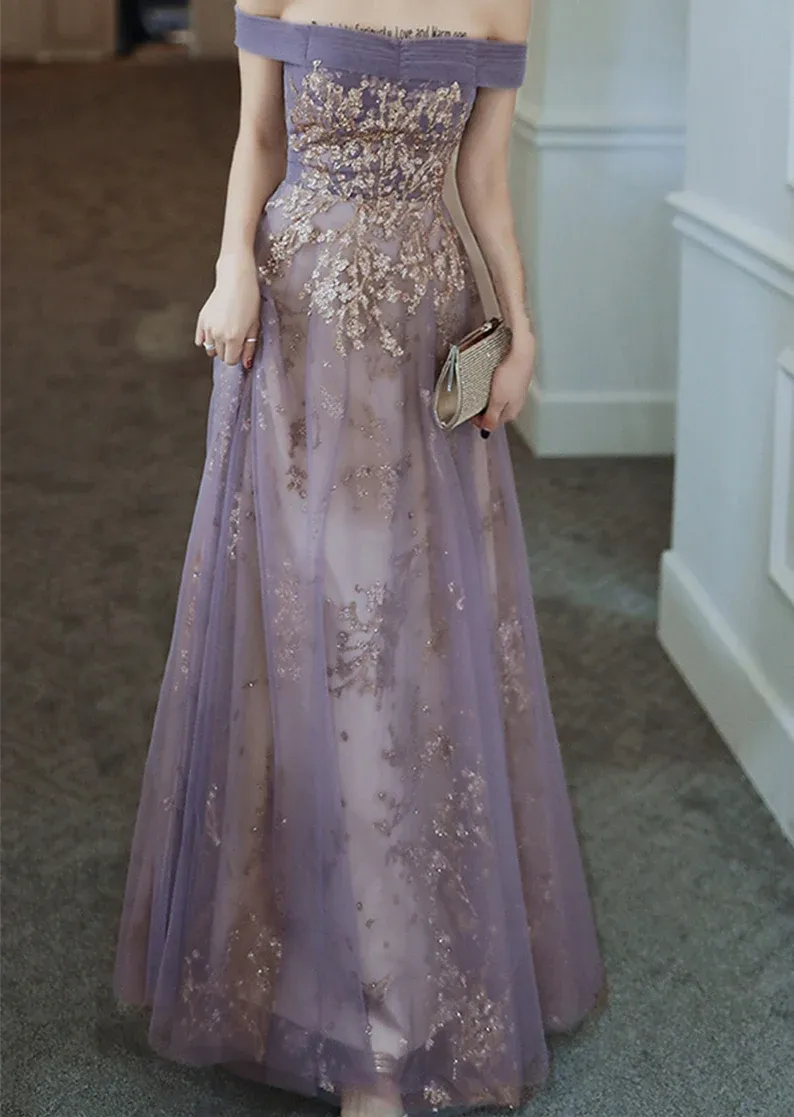 Dreamy Purple Prom Dress off Shoulder Evening Dress Elegant Long Banquet Dress Sleeveless Party Dress Girl Graduation Dress Y428