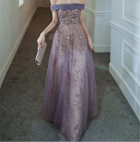 Dreamy Purple Prom Dress off Shoulder Evening Dress Elegant Long Banquet Dress Sleeveless Party Dress Girl Graduation Dress Y428