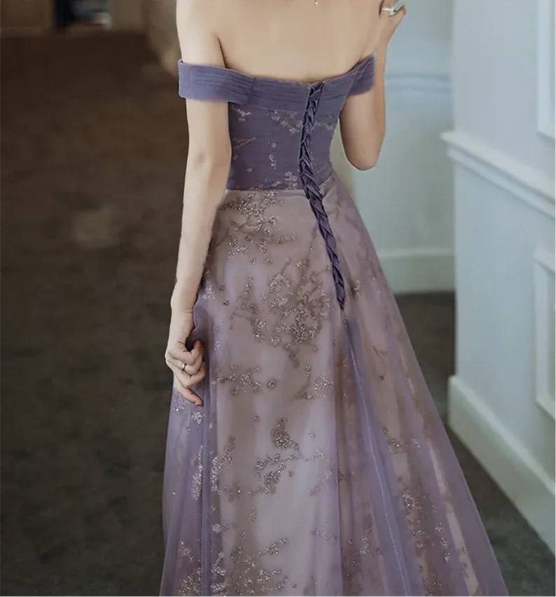 Dreamy Purple Prom Dress off Shoulder Evening Dress Elegant Long Banquet Dress Sleeveless Party Dress Girl Graduation Dress Y428