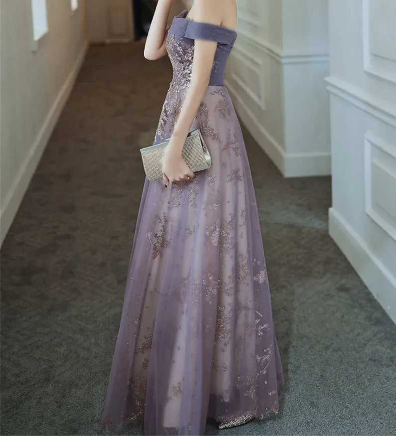 Dreamy Purple Prom Dress off Shoulder Evening Dress Elegant Long Banquet Dress Sleeveless Party Dress Girl Graduation Dress Y428