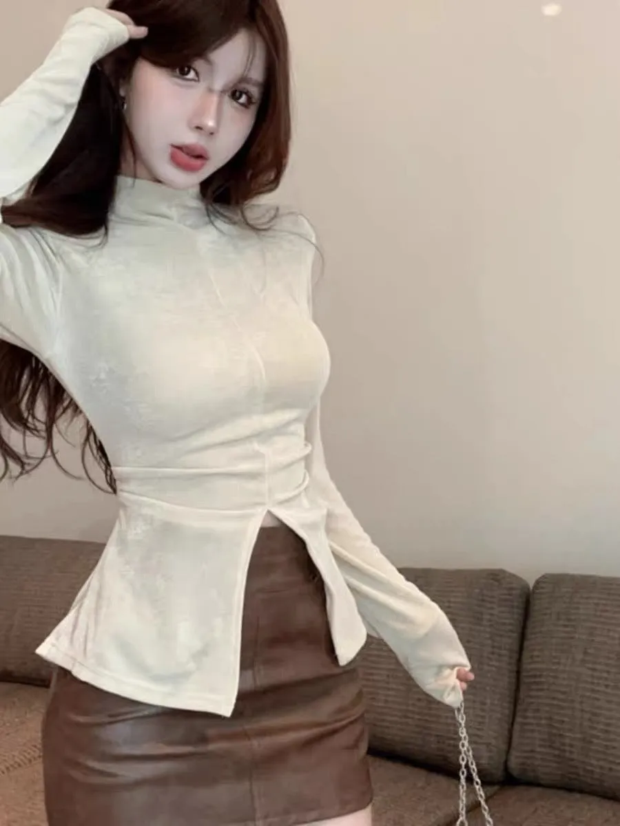 Early autumn style casual stand-up collar slim fit long-sleeved slit inner bottoming T-shirt women's design hot girl top