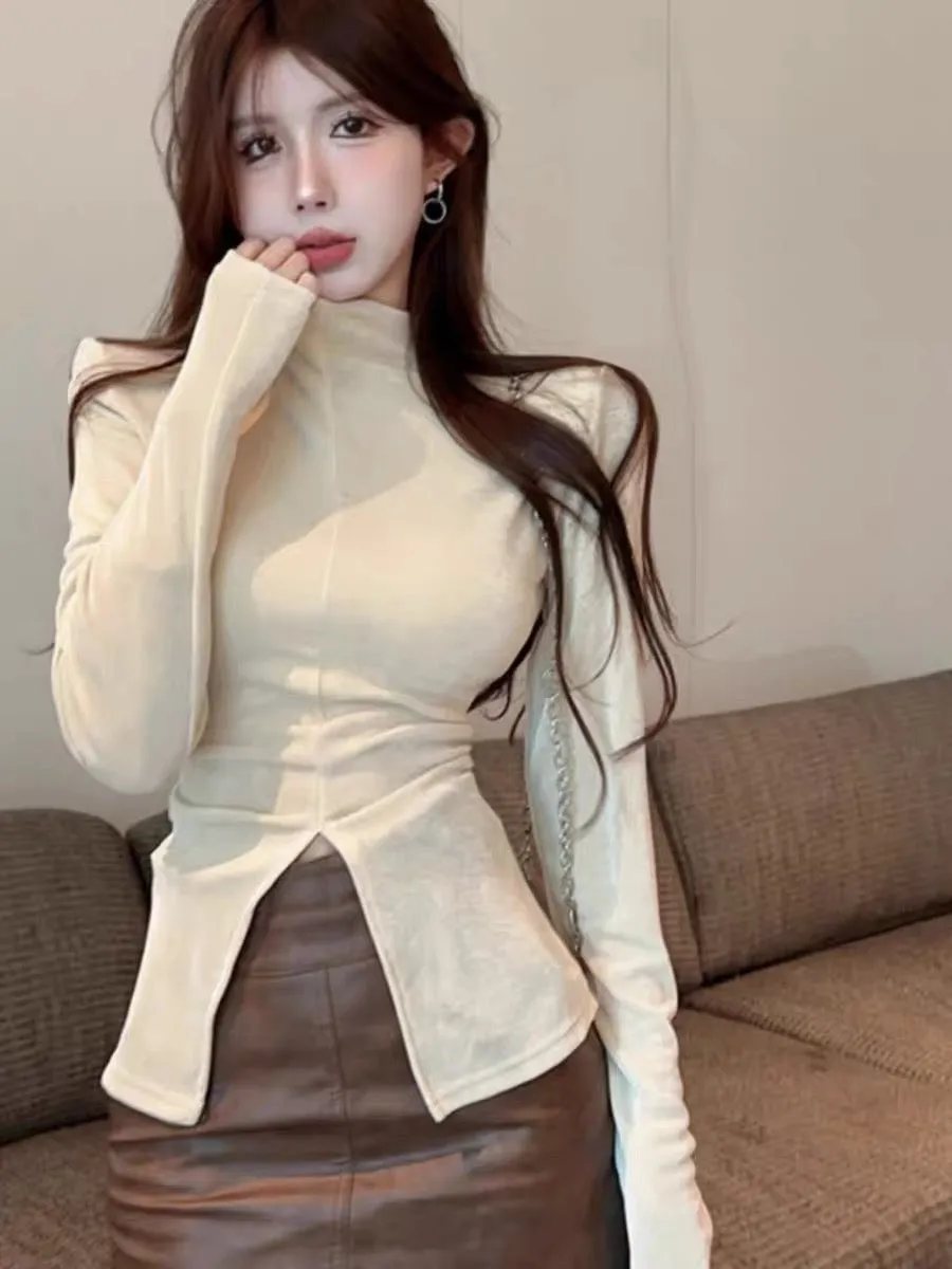 Early autumn style casual stand-up collar slim fit long-sleeved slit inner bottoming T-shirt women's design hot girl top