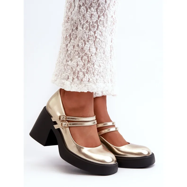 Eco Leather Pumps With Chunky Heels, Gold Halmina golden