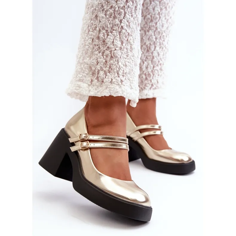 Eco Leather Pumps With Chunky Heels, Gold Halmina golden