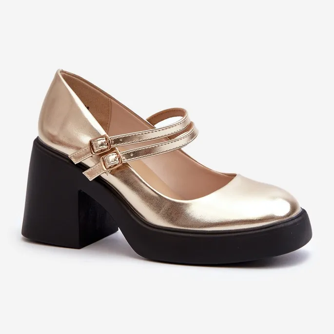 Eco Leather Pumps With Chunky Heels, Gold Halmina golden