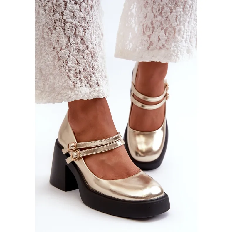 Eco Leather Pumps With Chunky Heels, Gold Halmina golden