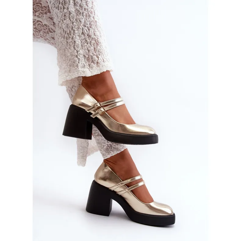 Eco Leather Pumps With Chunky Heels, Gold Halmina golden