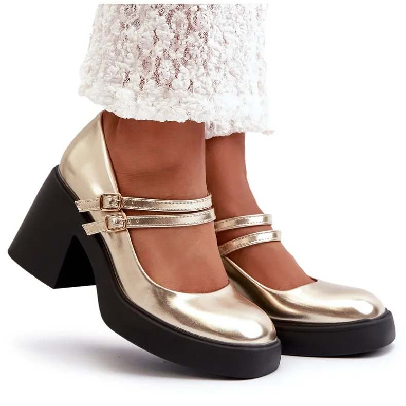 Eco Leather Pumps With Chunky Heels, Gold Halmina golden