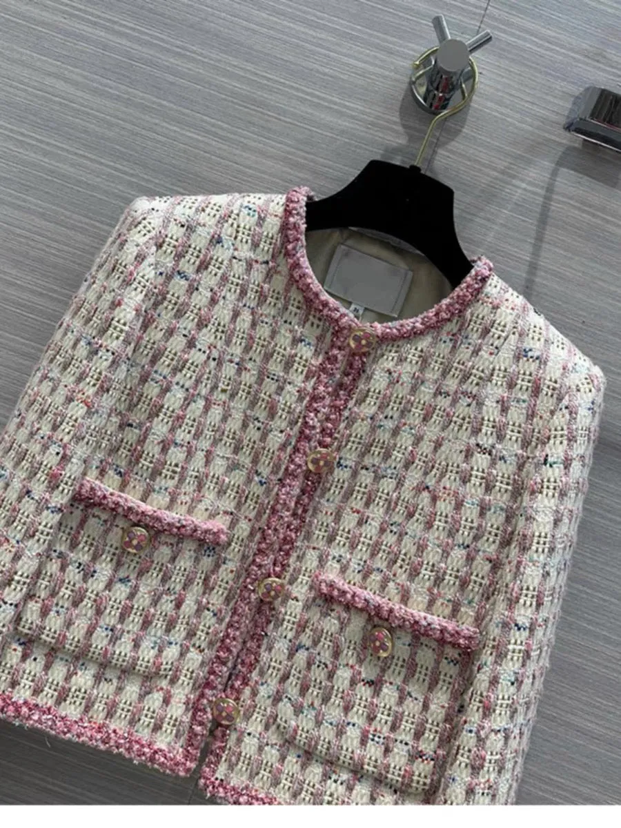 Fashionable temperament and age-reducing girl Xiaoxiangfeng 23 autumn new round neck long sleeve colorful gauze check short casu