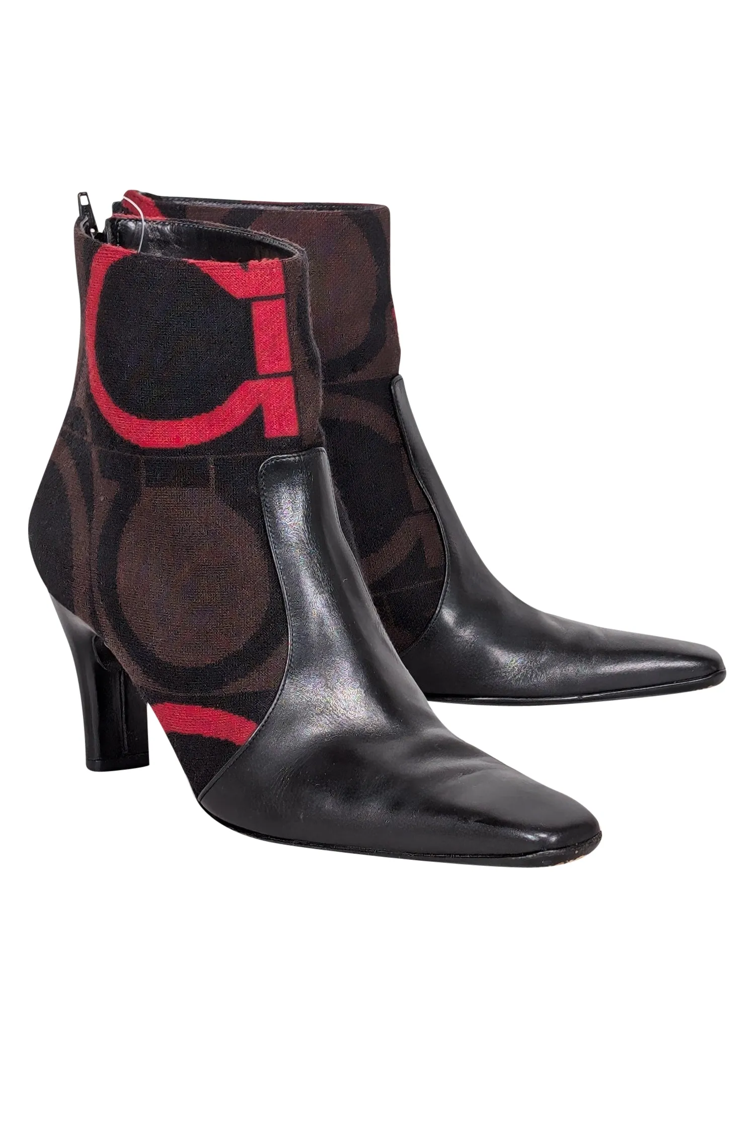 Ferragamo - Black Leather w/ Brown & Red Print Detail Short Boots Sz 9