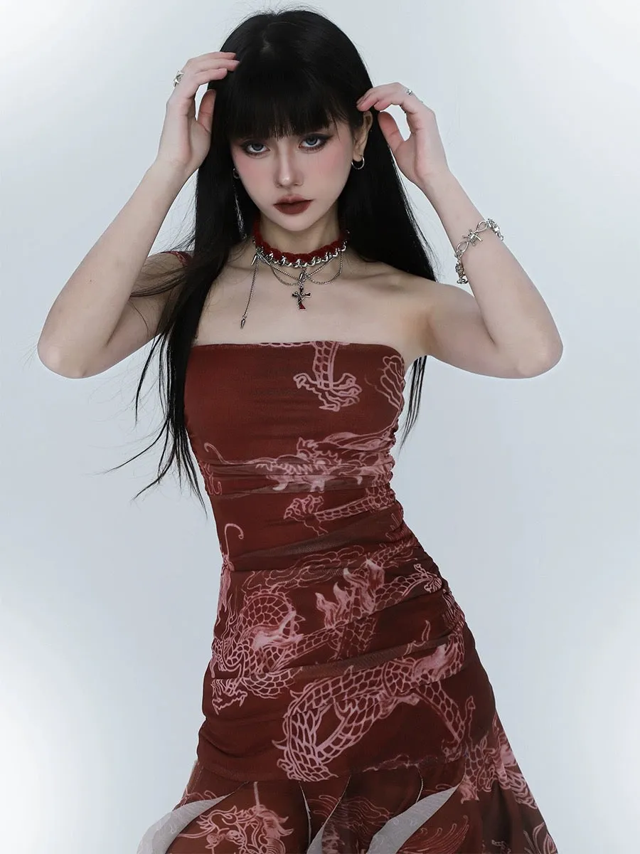 Ghost Girl New Chinese Style Women's Red Dress Irregular Suspender Skirt Adult Dress Concert Wear