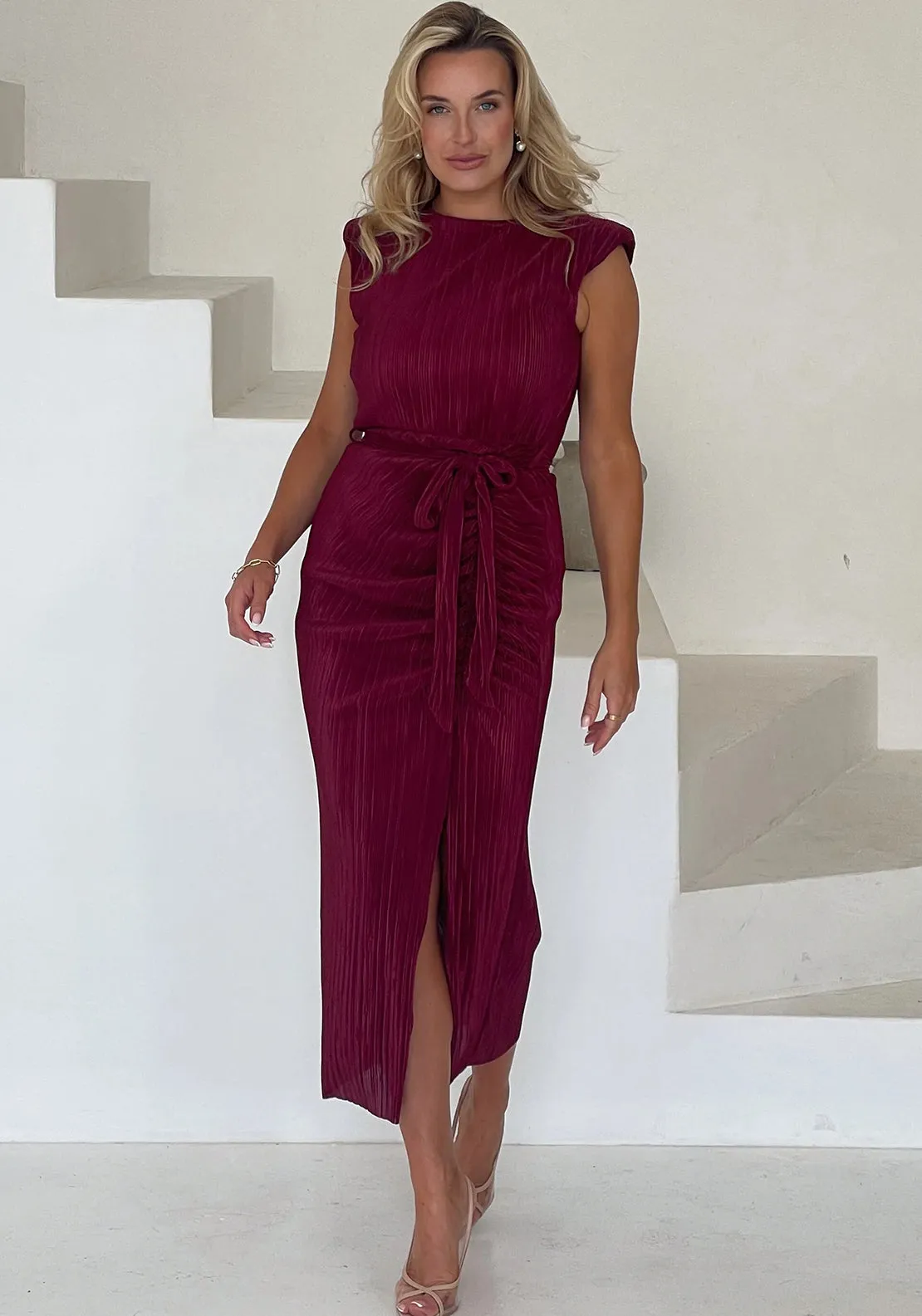 Girl in Mind Elena Plisse Midi Dress, Wine