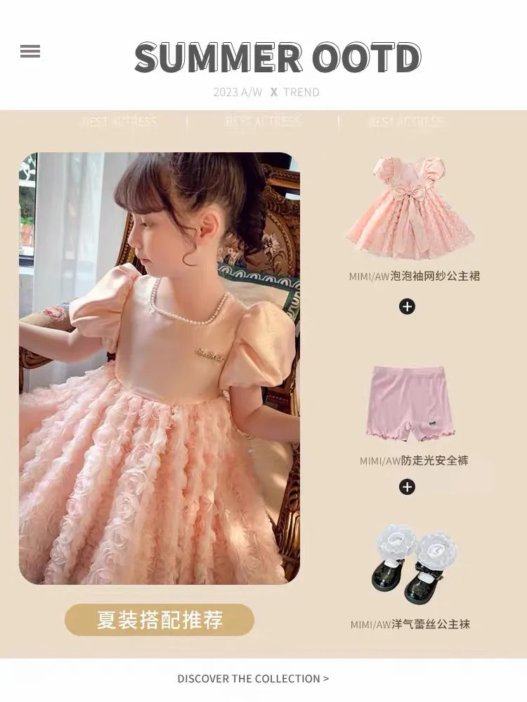 Girls Dress Summer Dress 2023 New Style Children's Dress Skirt Little Girl Puff Sleeve Mesh Princess Dress