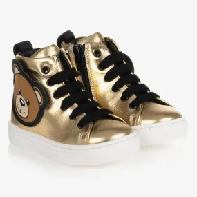 Gold Leather High-Top Trainers