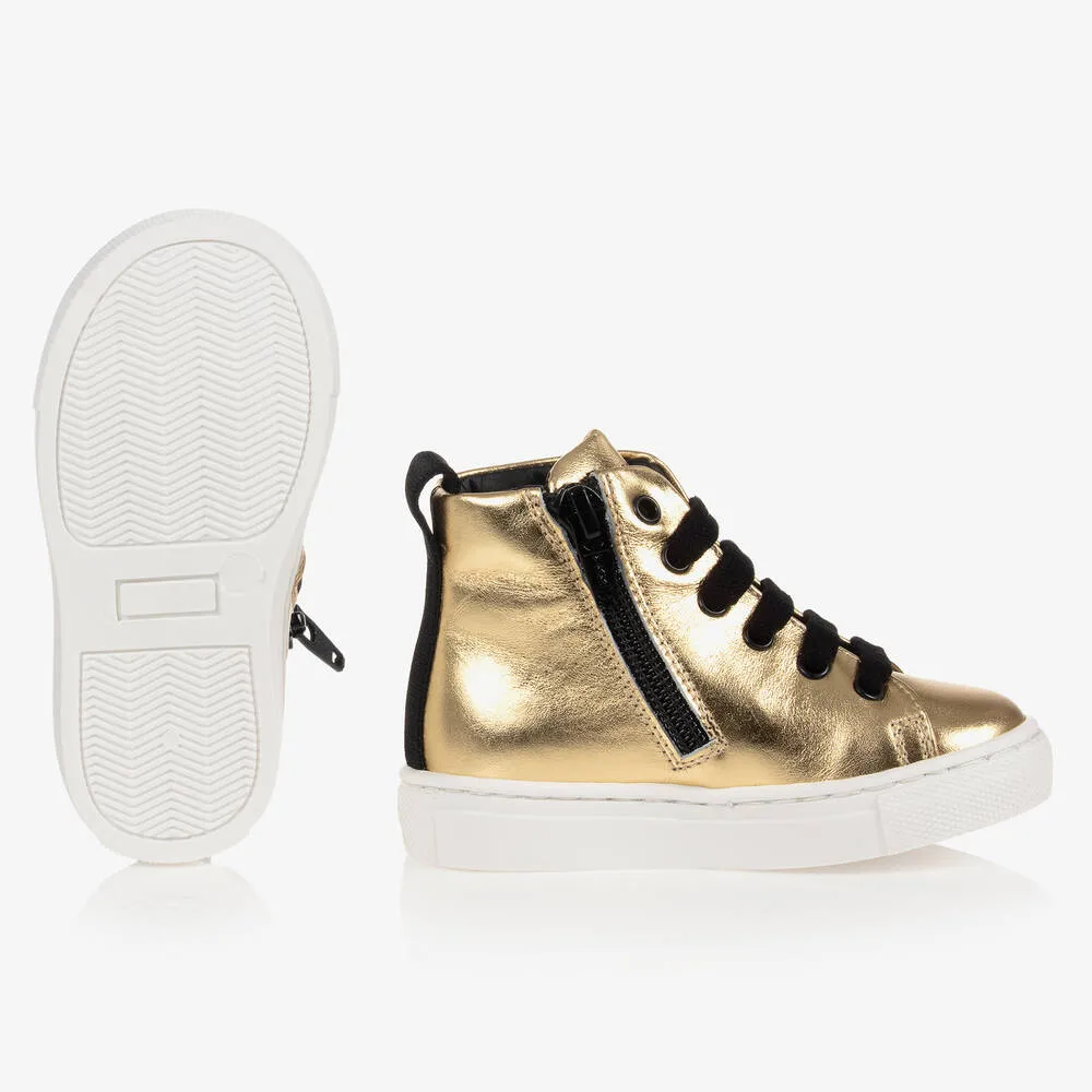 Gold Leather High-Top Trainers