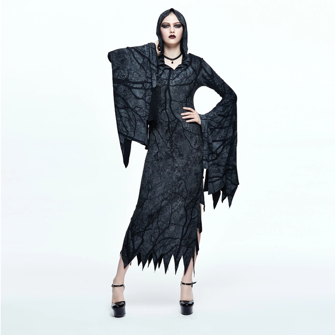 Gothic Women's Witch Dress With Cotton-spandex Blend and Zig Zag Hem Hood