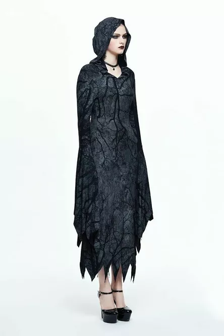 Gothic Women's Witch Dress With Cotton-spandex Blend and Zig Zag Hem Hood