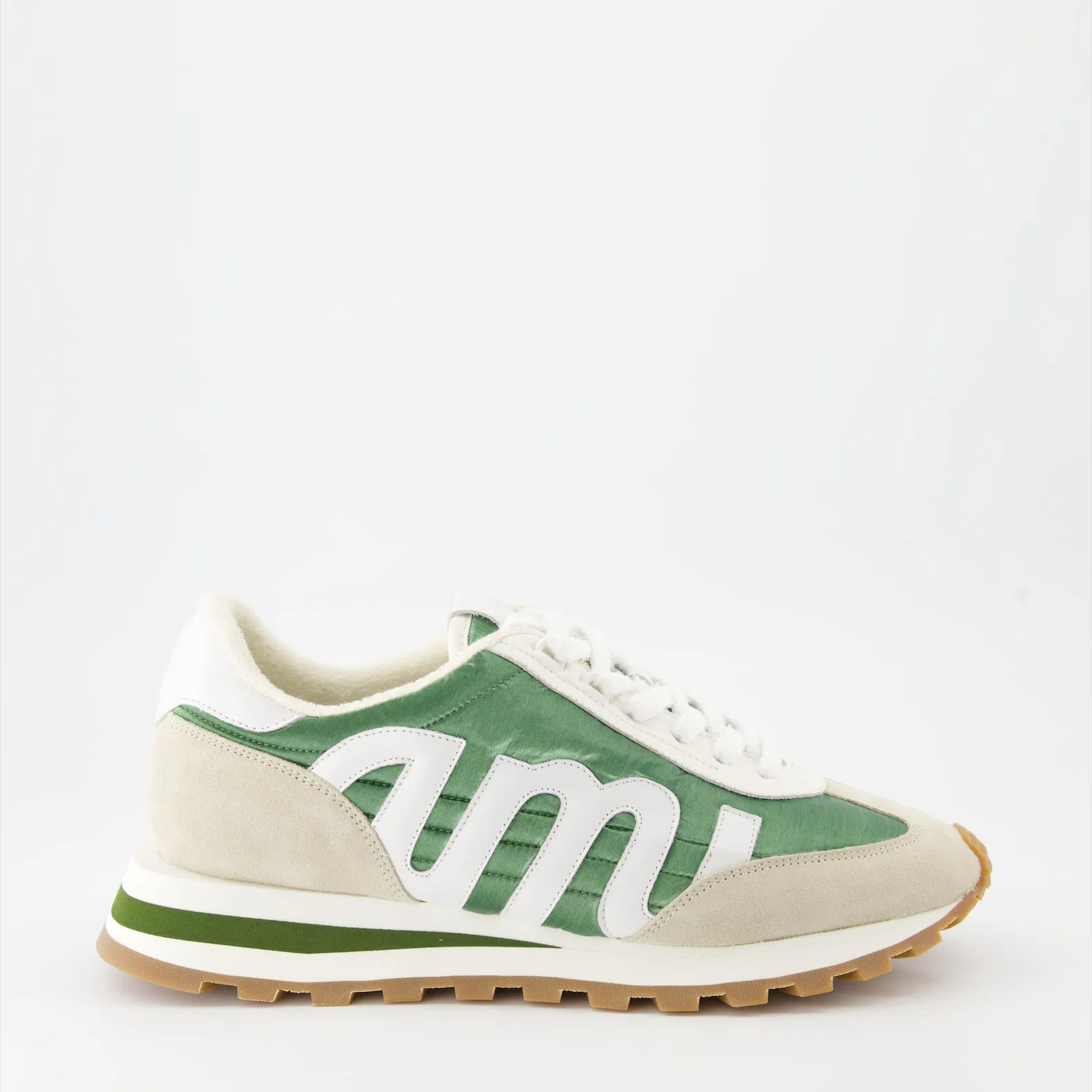 Green Nylon and Beige Leather Sneakers