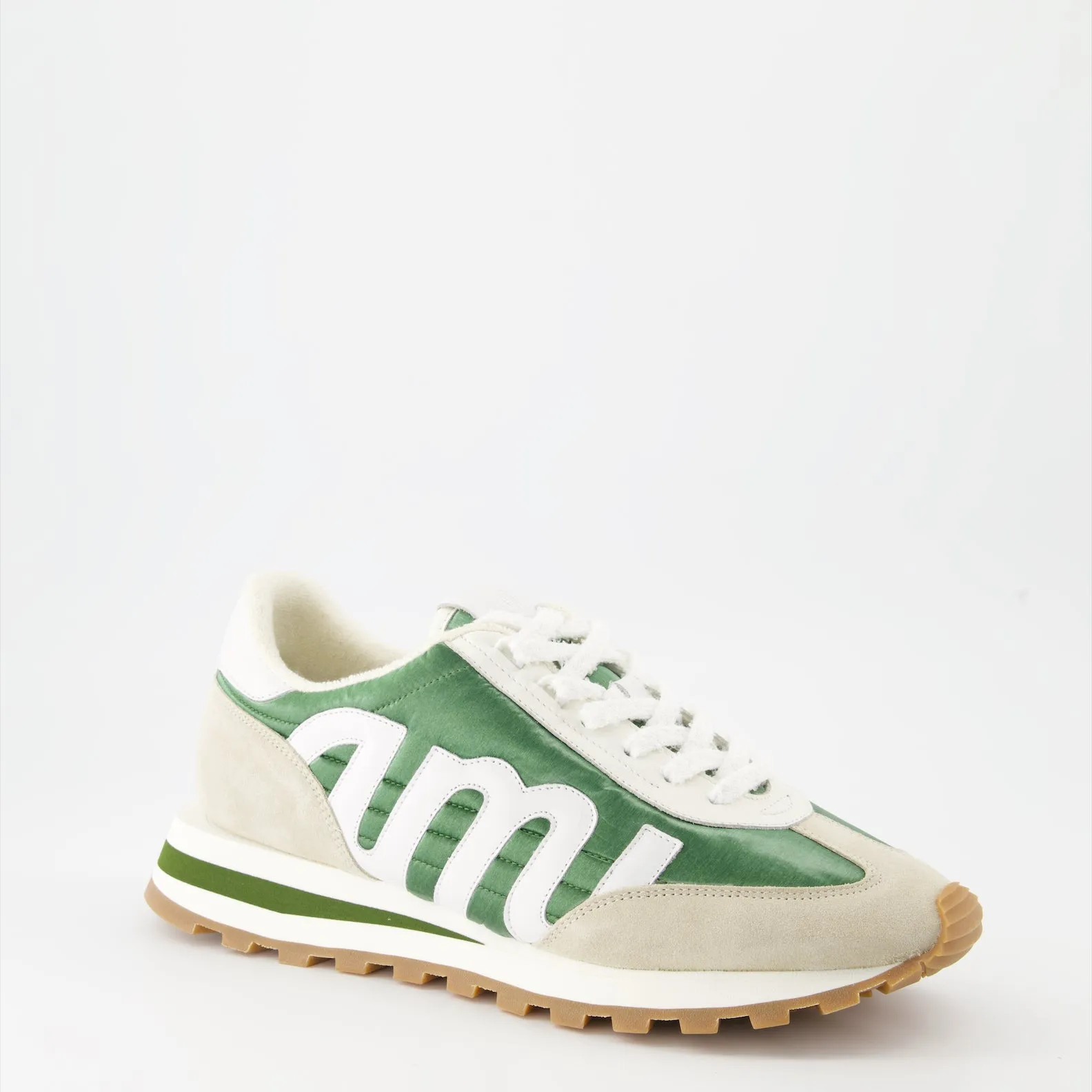 Green Nylon and Beige Leather Sneakers