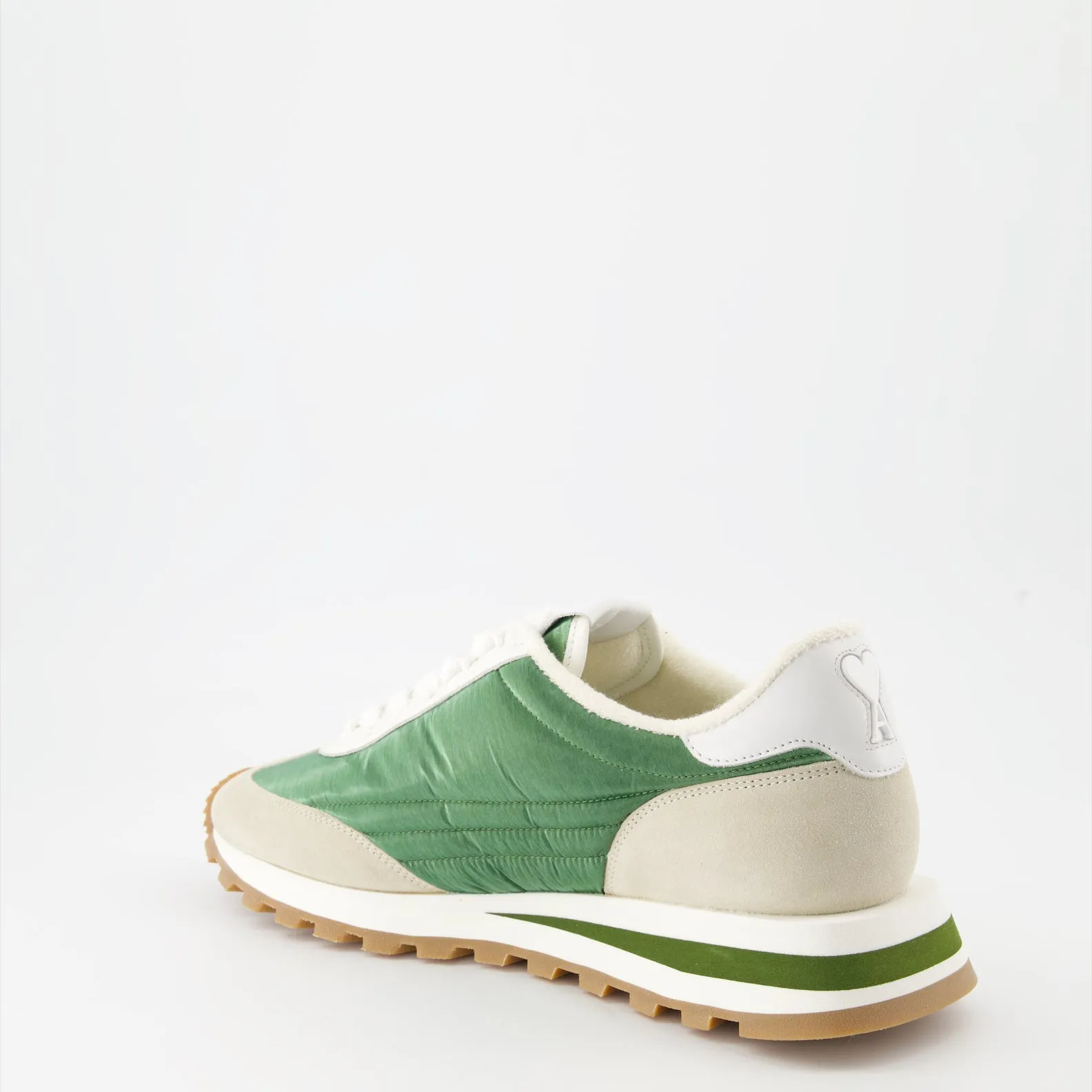 Green Nylon and Beige Leather Sneakers