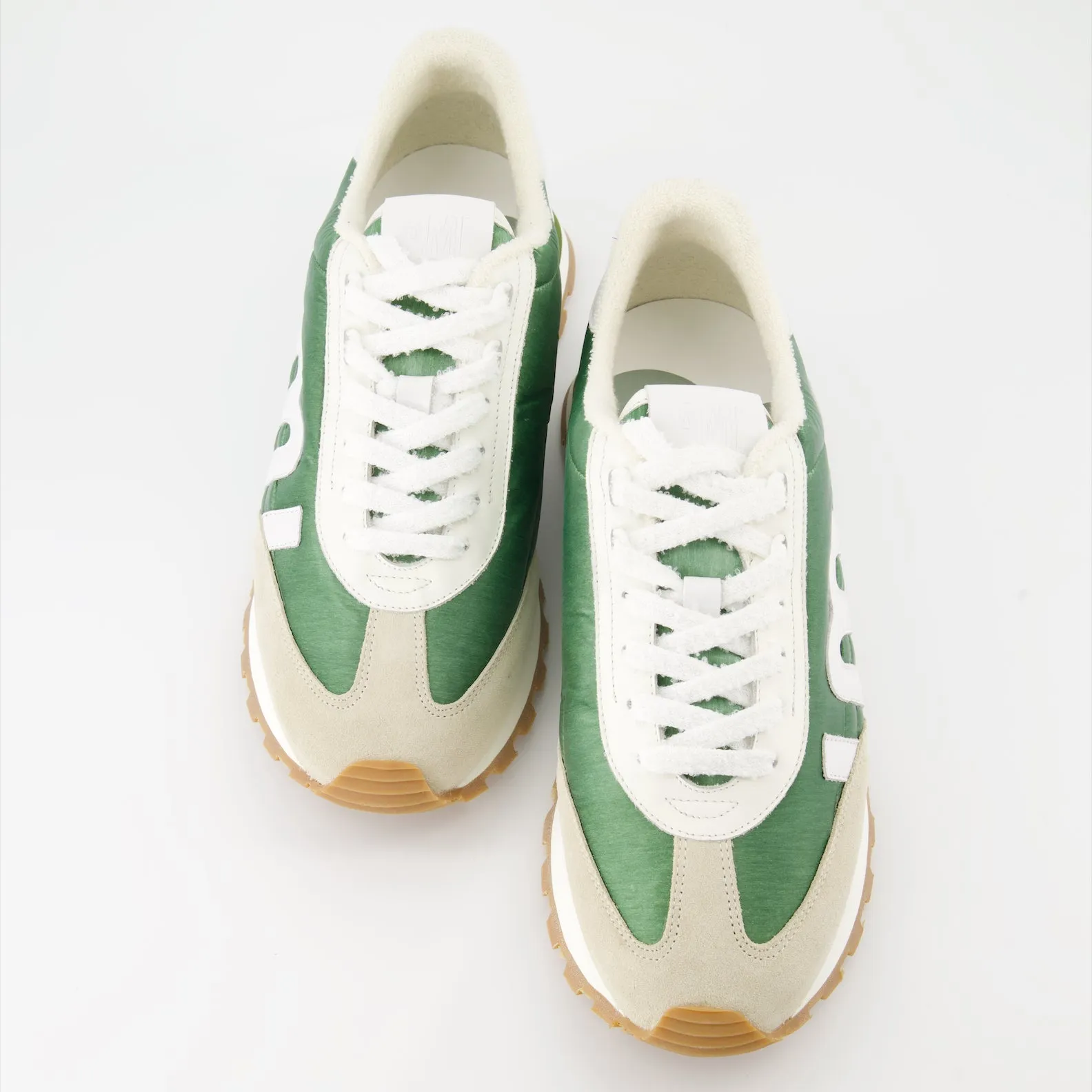 Green Nylon and Beige Leather Sneakers