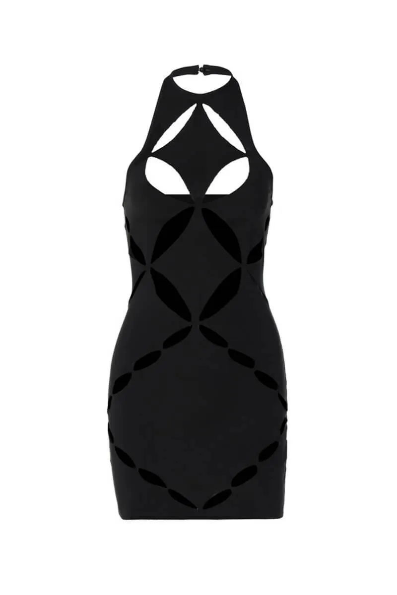 Backless Halter Bodycon Mini Dress with Hollow Out Detail, Sleeveless