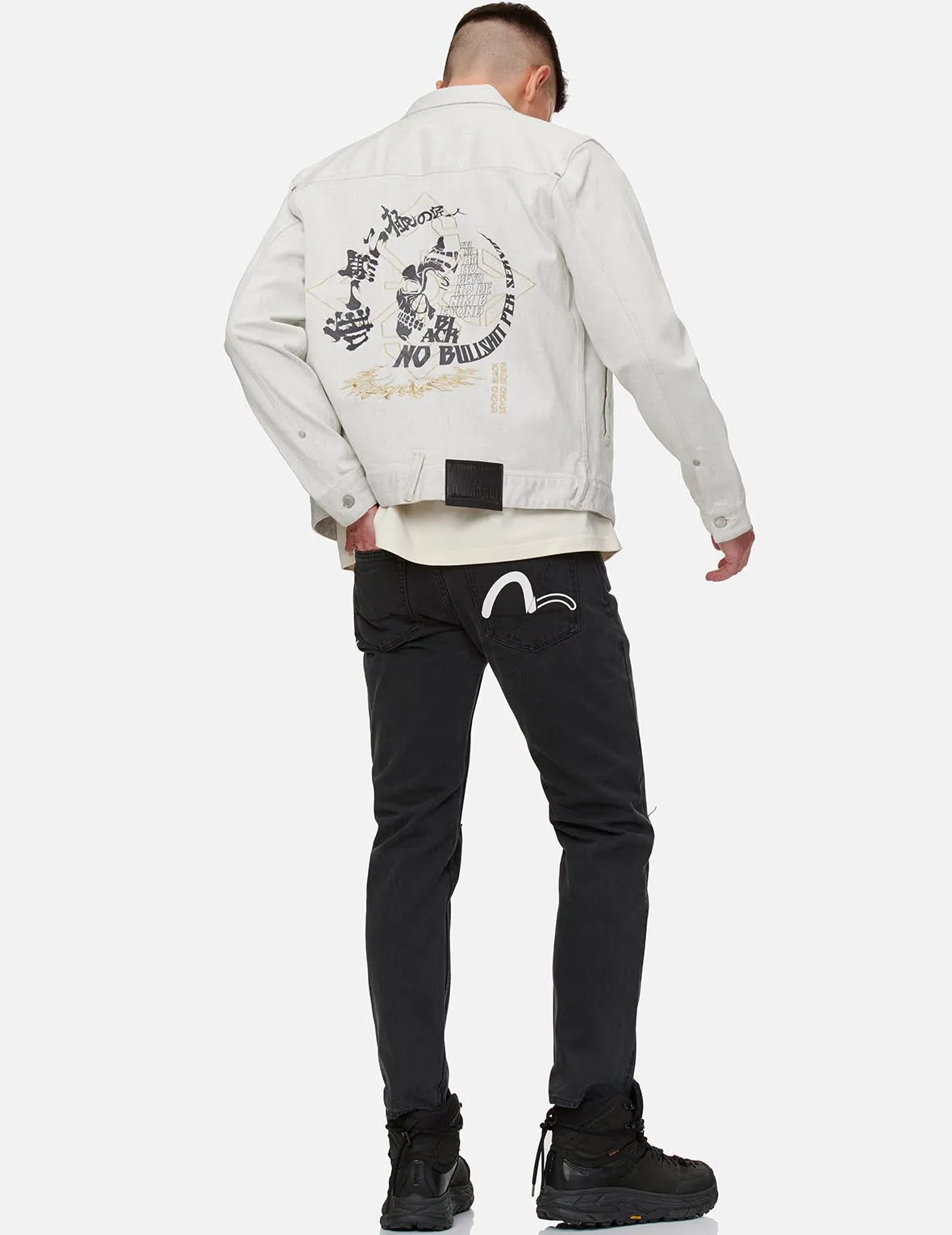 Hannya Skull and Slogan Print Denim Jacket