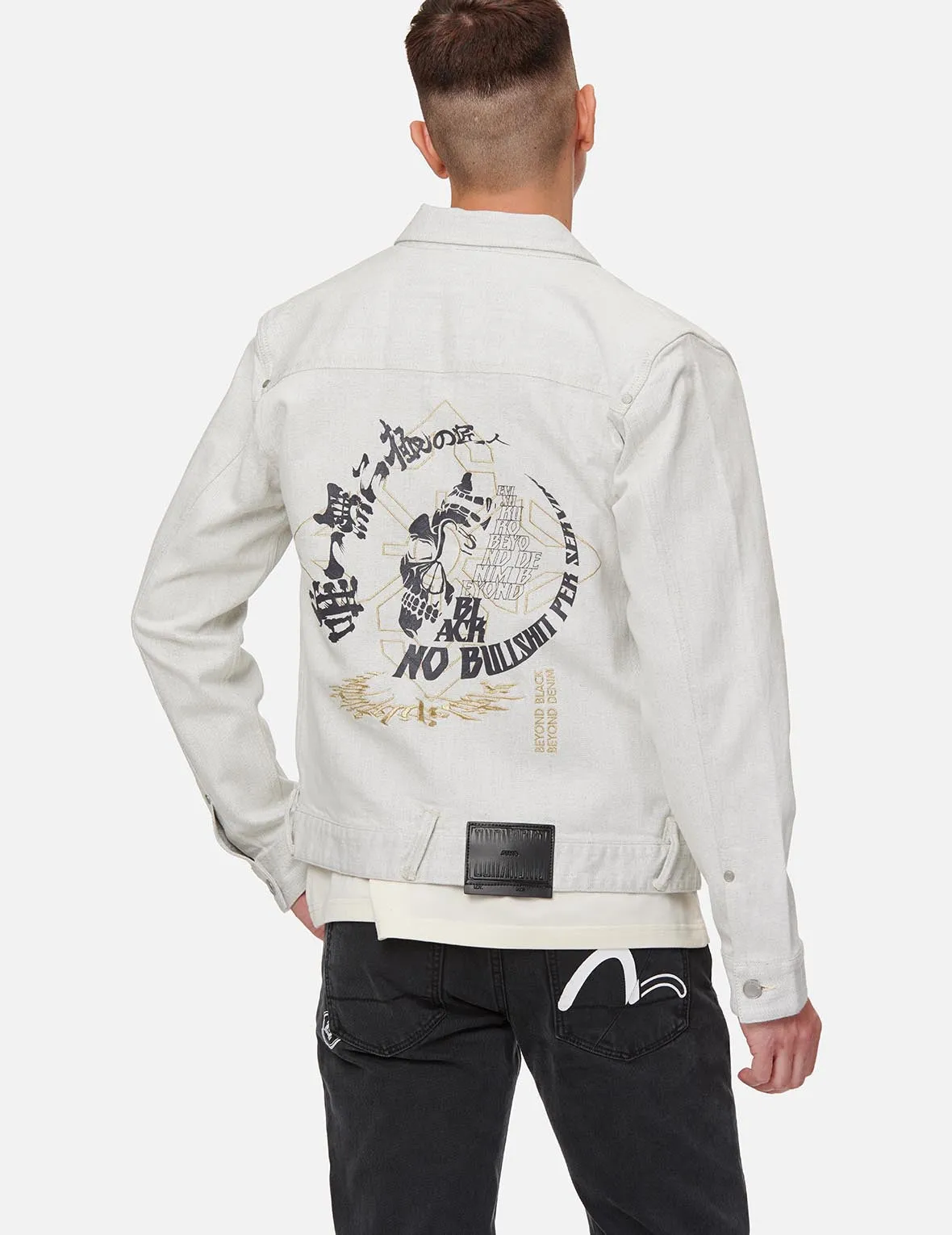 Hannya Skull and Slogan Print Denim Jacket