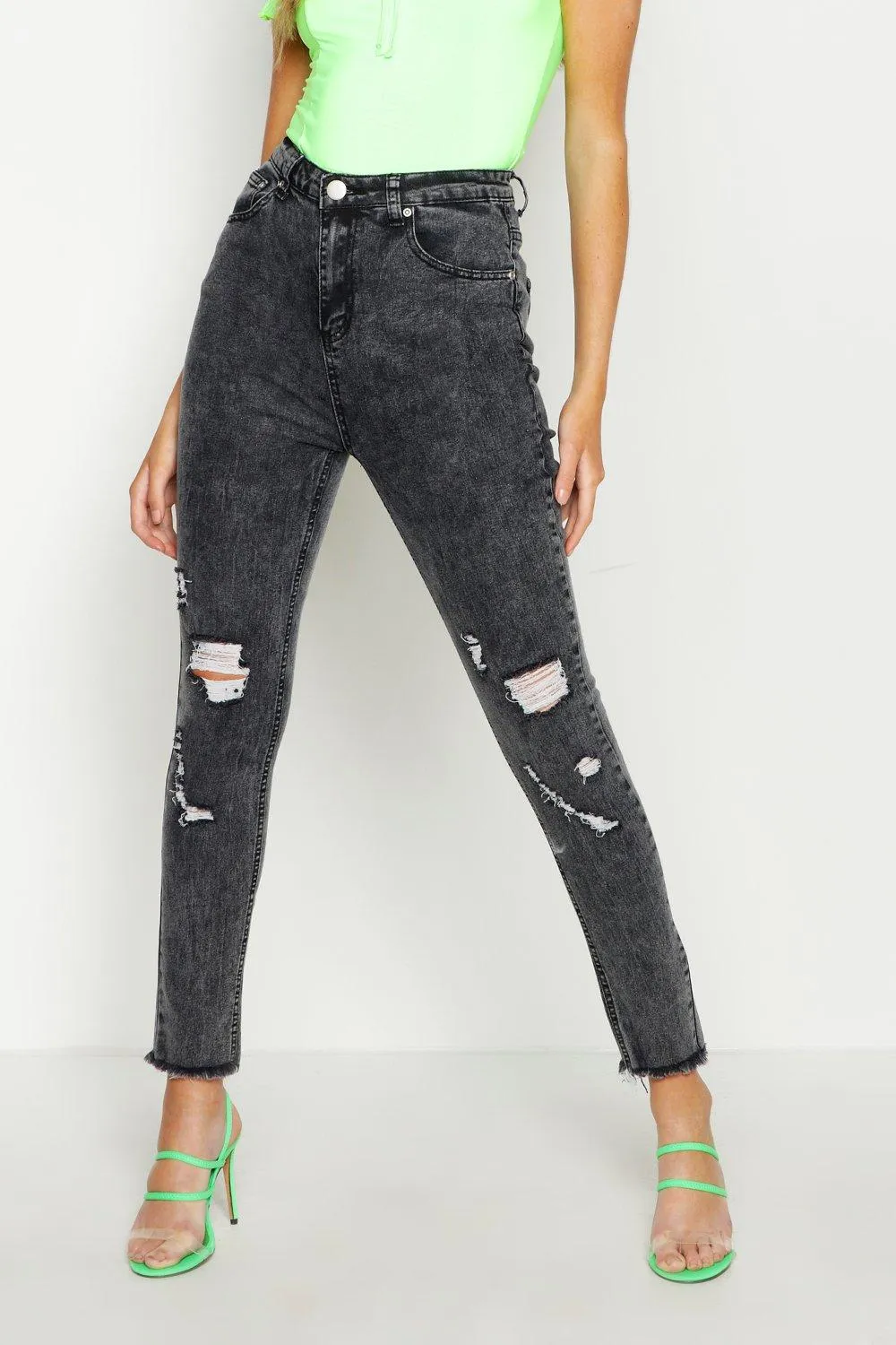 High Waist Stretch Distressed Acid Wash Jeans