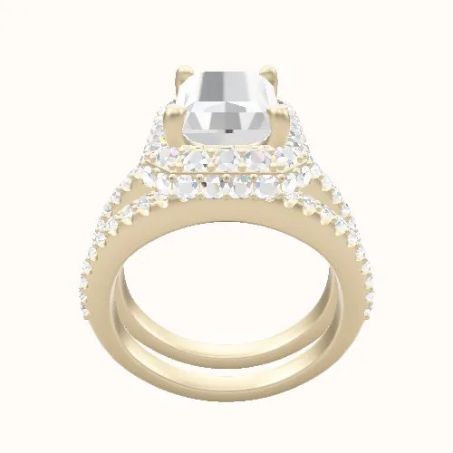 Illusion Set Shank Engagement Ring With Low Set Waterfall Halo Head and Matching Band