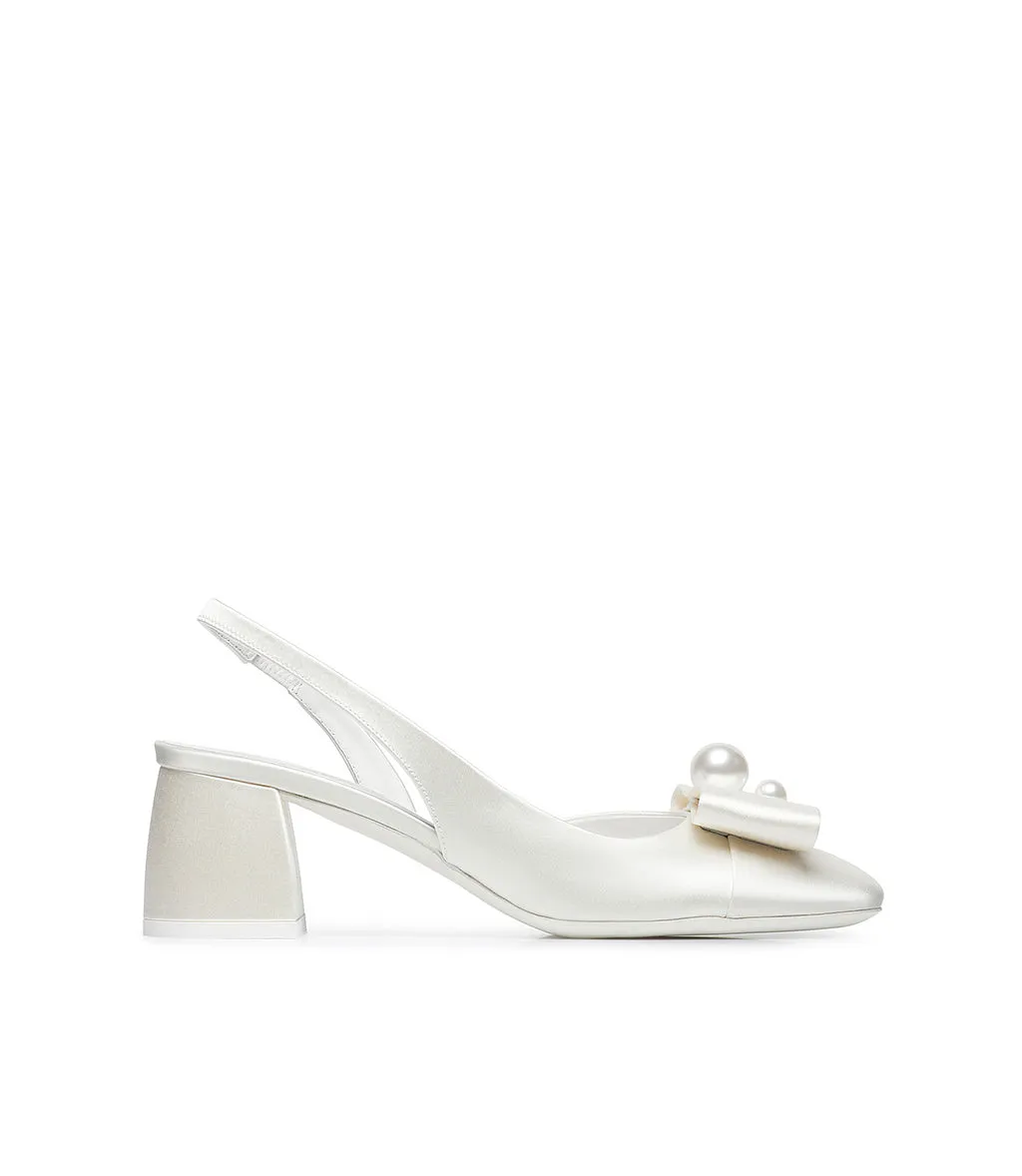 Ivory White Satin Slingback Pumps with Pearls