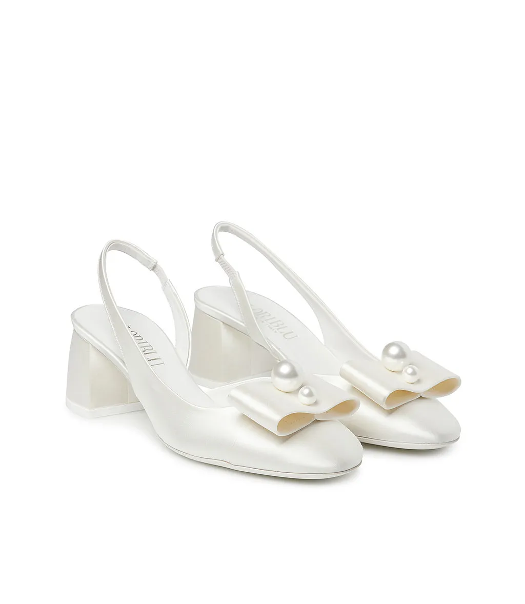 Ivory White Satin Slingback Pumps with Pearls